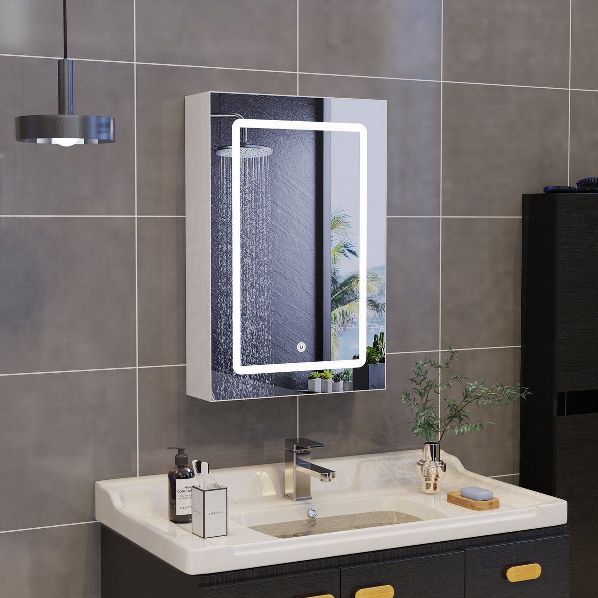 LED-spiegelkast Badkamerspiegelkast met spiegel en plank, LED-licht badkamerkast, 50x12.5x70cm, wandkast met enkele deur, spiegelkast, wit