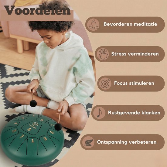 Yunava Handpan - 30 cm ø - Donker Groen - Steel Tongue Drum - Hand Klankschaal incl. Lesboek & Beschermtas - Hangdrum van Merkloos — afbeelding 2