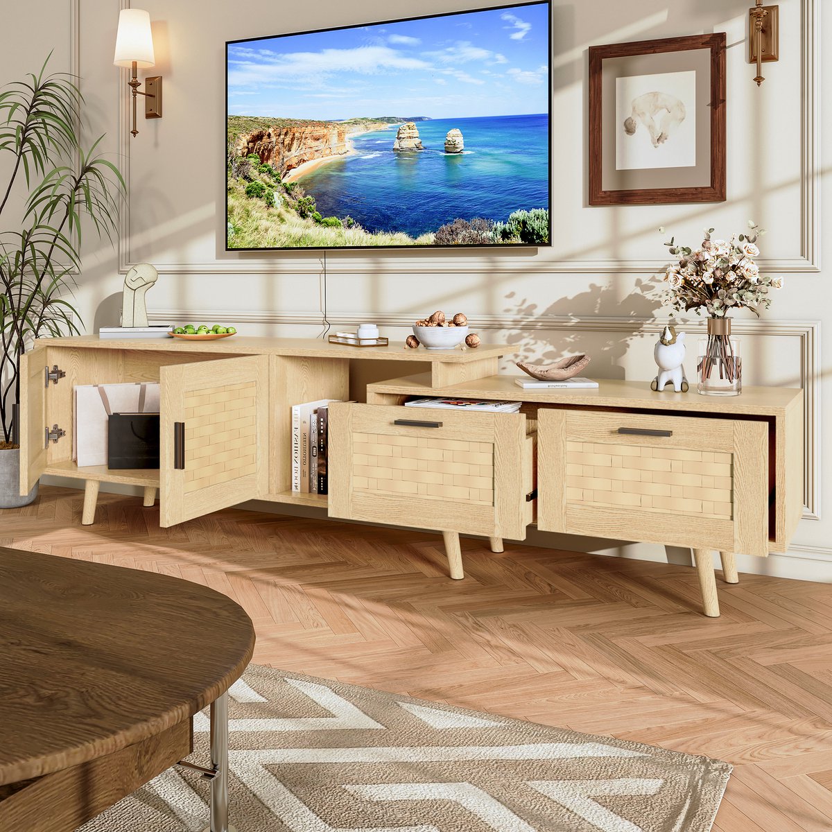 Uitschuifbare TV-standaard (146-180 cm) - TV-standaard van riet - met kast en lades - TV-standaard met lage kast - Geschikt voor tv's van 75 inch en kleiner