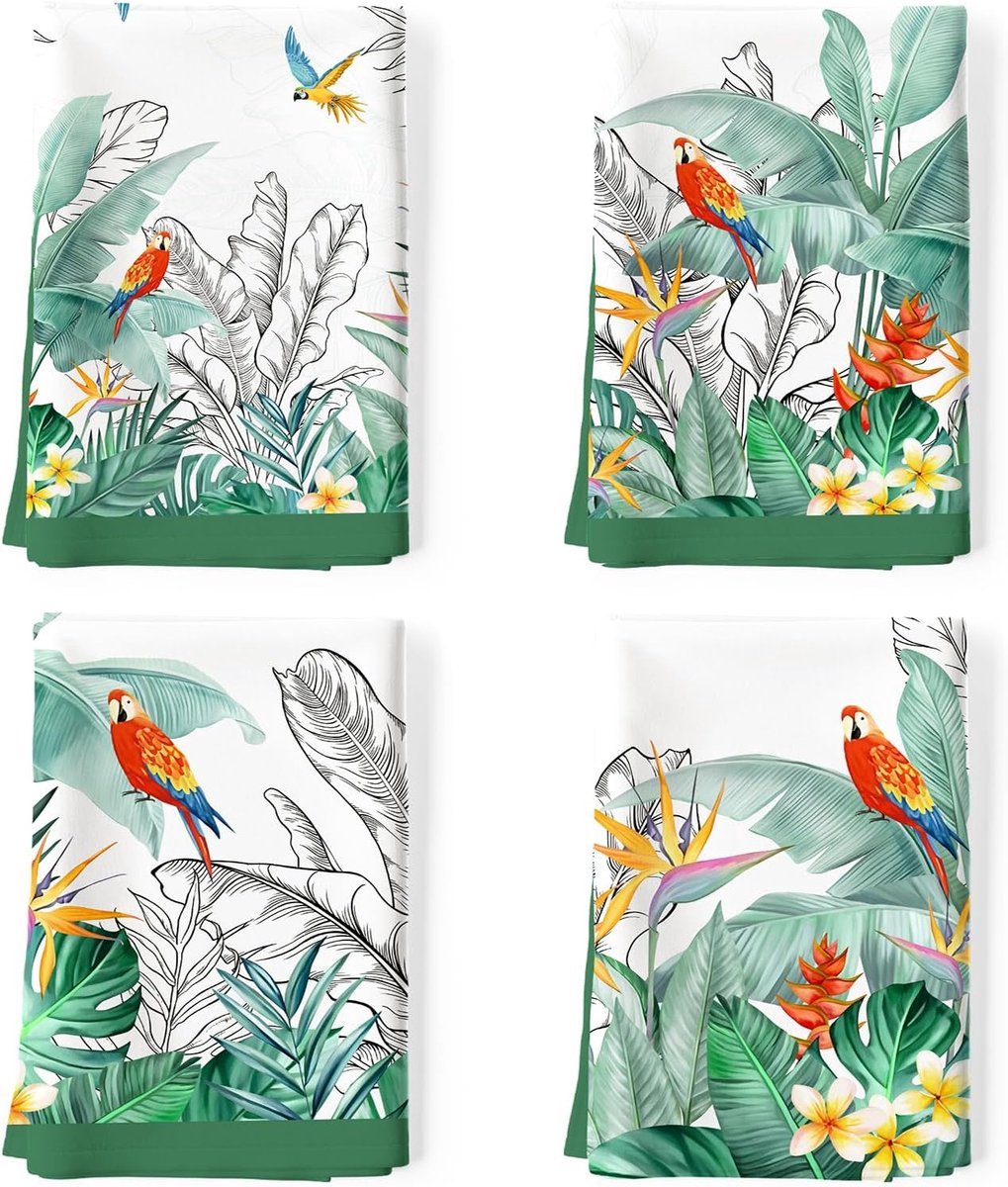Stunq® Set van Vier Zachte Katoenen Keukendoeken met VIBRANTE Tropische Motieven - Duurzaam & Multifunctioneel