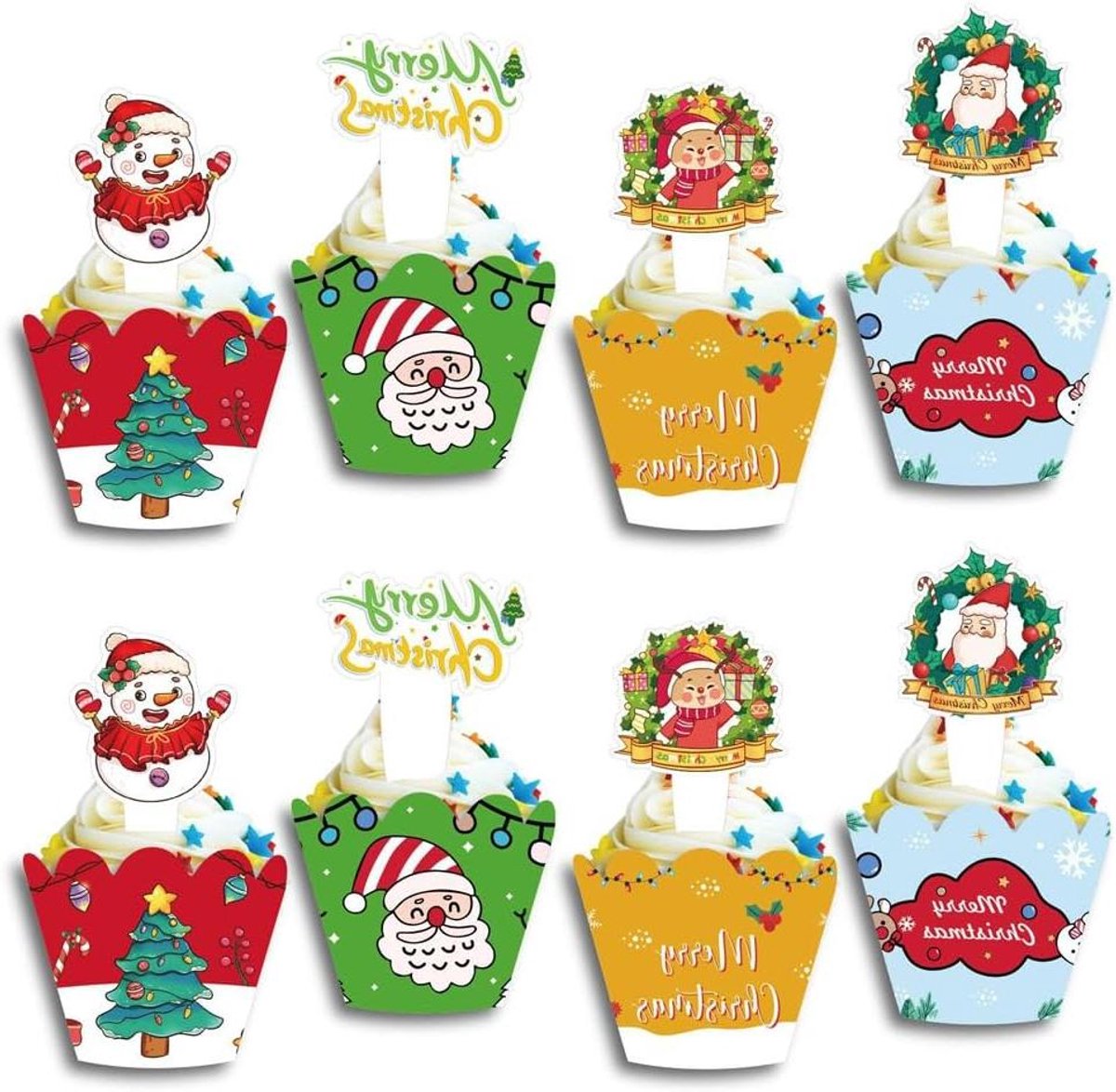 Cosensi - Kerst cupcake toppers en wrappers set van 48 stuks - Kerstman, sneeuwpop, rendier, kerstboom - Feestelijke kerstdecoraties voor cupcakes