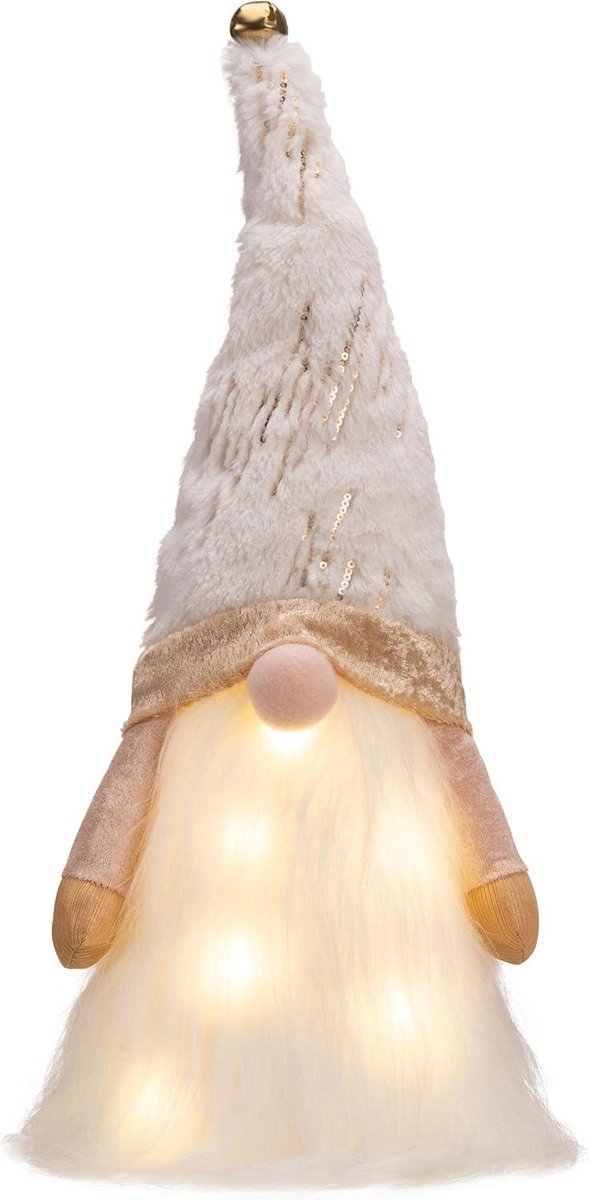 Cosensi Kerstboomtopper voor decoraties met Noorse kabouter, 41,9 cm wit en goud, LED-verlichting, timer, batterijbox, Kerstdecoratie, Feestelijke boomversiering Any