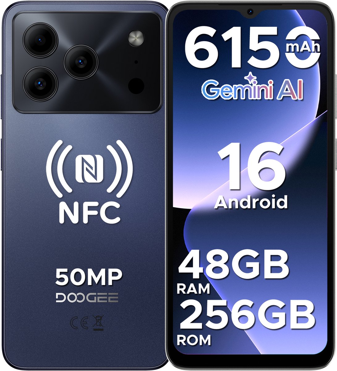 DOOGEE Note 56 Plus - Smartphones - Telefoon - 48 GB RAM+ 256 GB ROM (2TB/TF) - 50 MP camera - 6150 mAh/18W - 6.56 inch 90Hz - Gemini AI - Widevine L1 - NFC - Face ID - Vingerafdruk - GPS - Paars