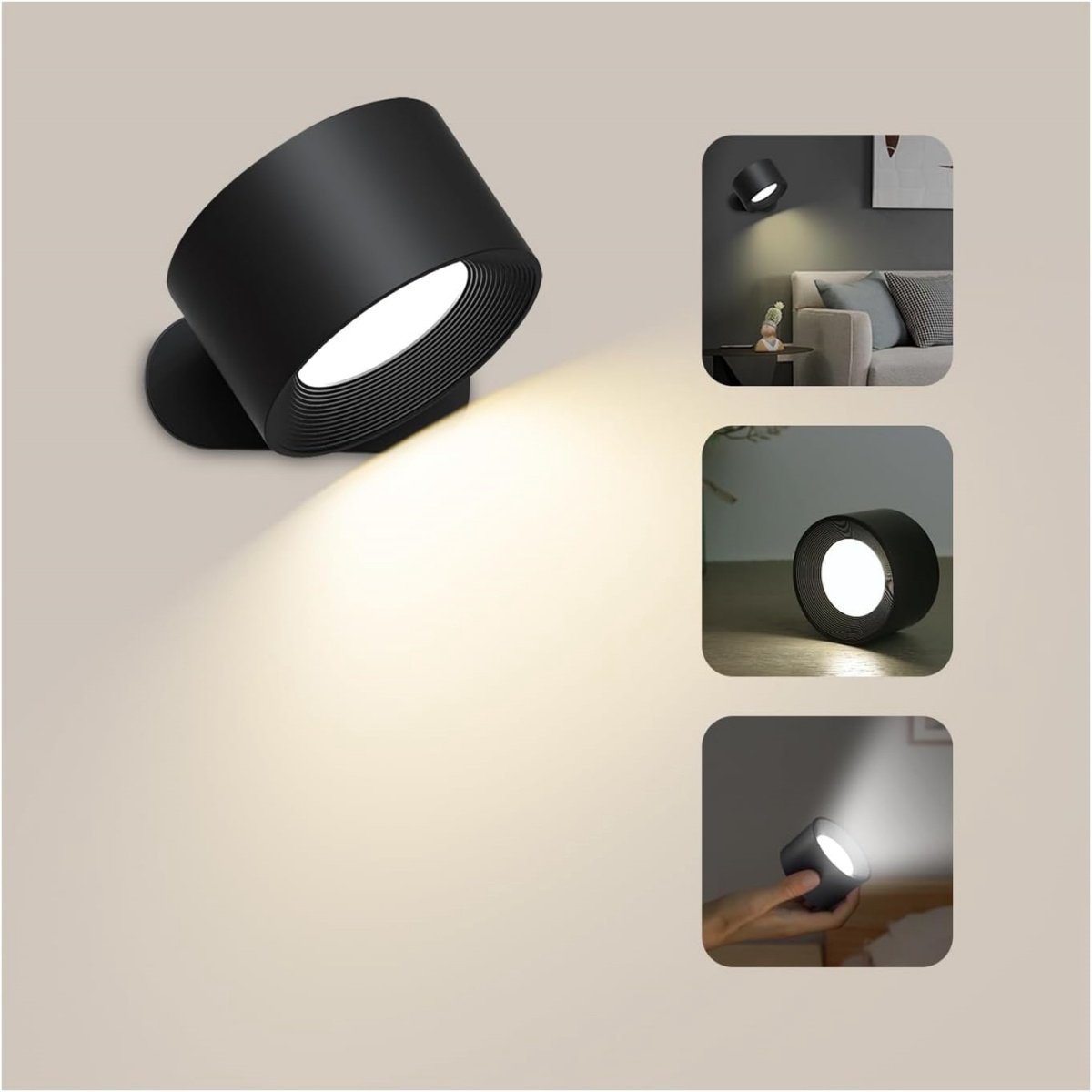 GELLDG LED-wandlamp geschikt voor binnen - Oplaadbare leeslamp - Touchbediening - 3 helderheidsniveaus - 360° draaibaar - Draadloze wandlamp - Geschikt voor woonkamers, slaapkamers, trappenhuizen en gangen - Zwart