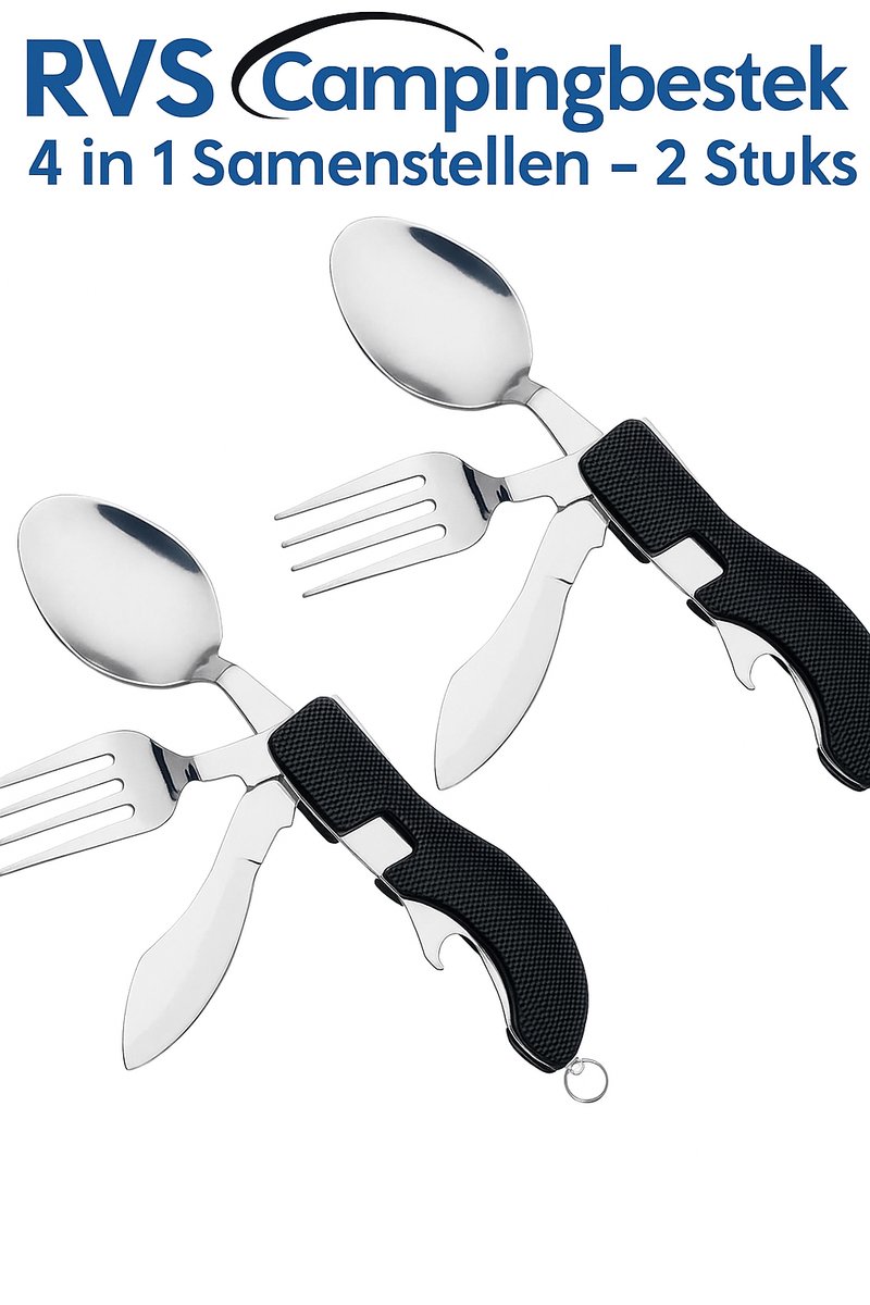 RVS camping bestek - 2 stuks - (mes, vork, lepel en flessenopener) opvouwbaar - 4 in 1 - kamperen bestek - outdoor - reizen bestek