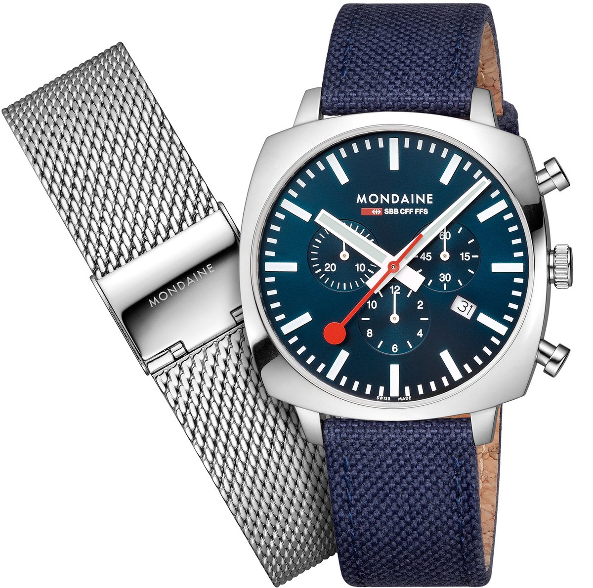 Mondaine MSL.41440.LD Cushion Unisex Horloge - Stationsklok - Chronograaf - Mineraalglas - Staal-Textiel - Blauw-Zilver - 41 mm breed - 14 mm lang