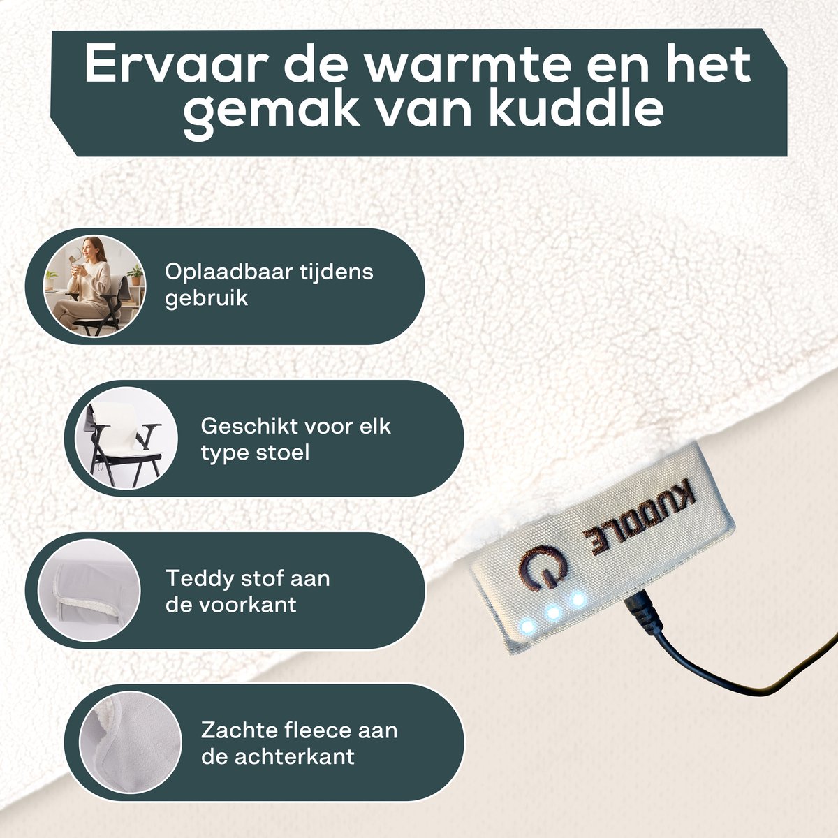 Kuddle Elektrische Deken Draadloos - Warmtedeken Infrarood & Oplaadbaar - Teddy 'Off White' 135x45cm - Inclusief Batterij - Camping - Kamperen – foto 7