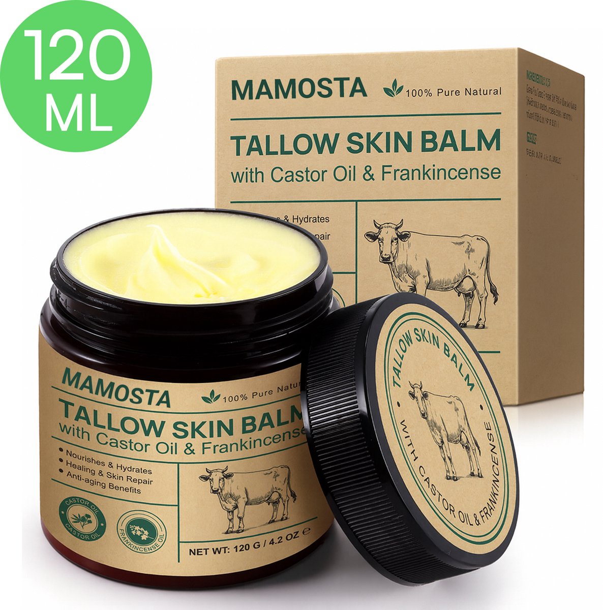 Mamosta® Beef Tallow 120 ML - Whipped - Balm - Zalf - Natuurlijk Crème - Met Castor Olie & Bijenwas - Gezicht Creme - Anti Aging