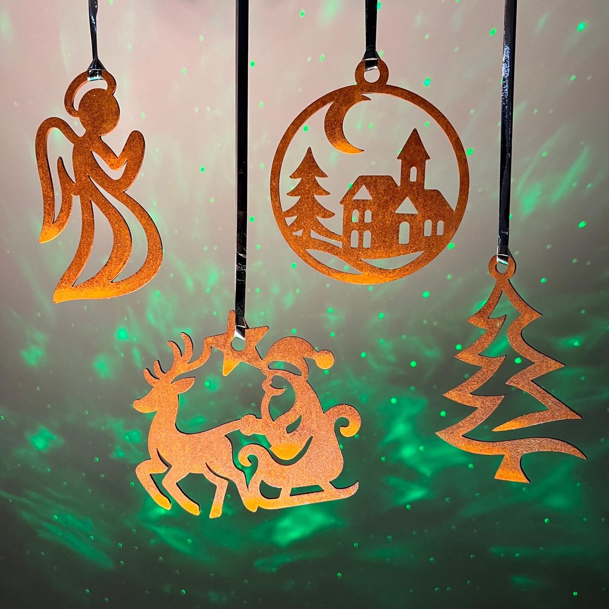 Diron - X-mas set B - kerst decoratie - 4 stuks hangers - metaal roest patina - cortenstaal