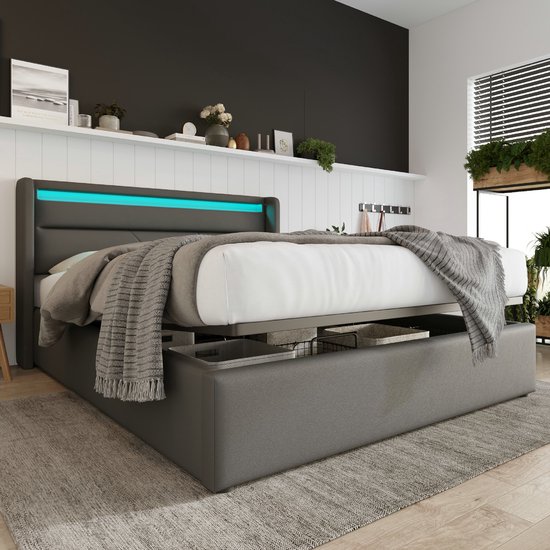 Tweepersoonsbed 160x200 cm Hydraulisch opbergbed met ledstrip - Tweepersoonsbedframe, gestoffeerd 160x200 cm bed, functioneel bed, PU-leer, grijs