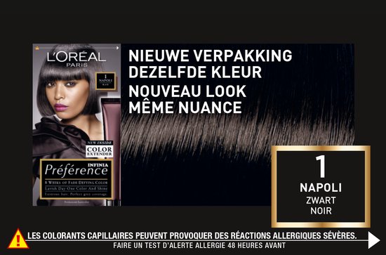 Vrouw met donker haar, linkerkant van de verpakking met de tekst 'NIUEWE VERPAKKING DEZELFDE KLEUR' en kleurnummer 1 ZWART NOIR.