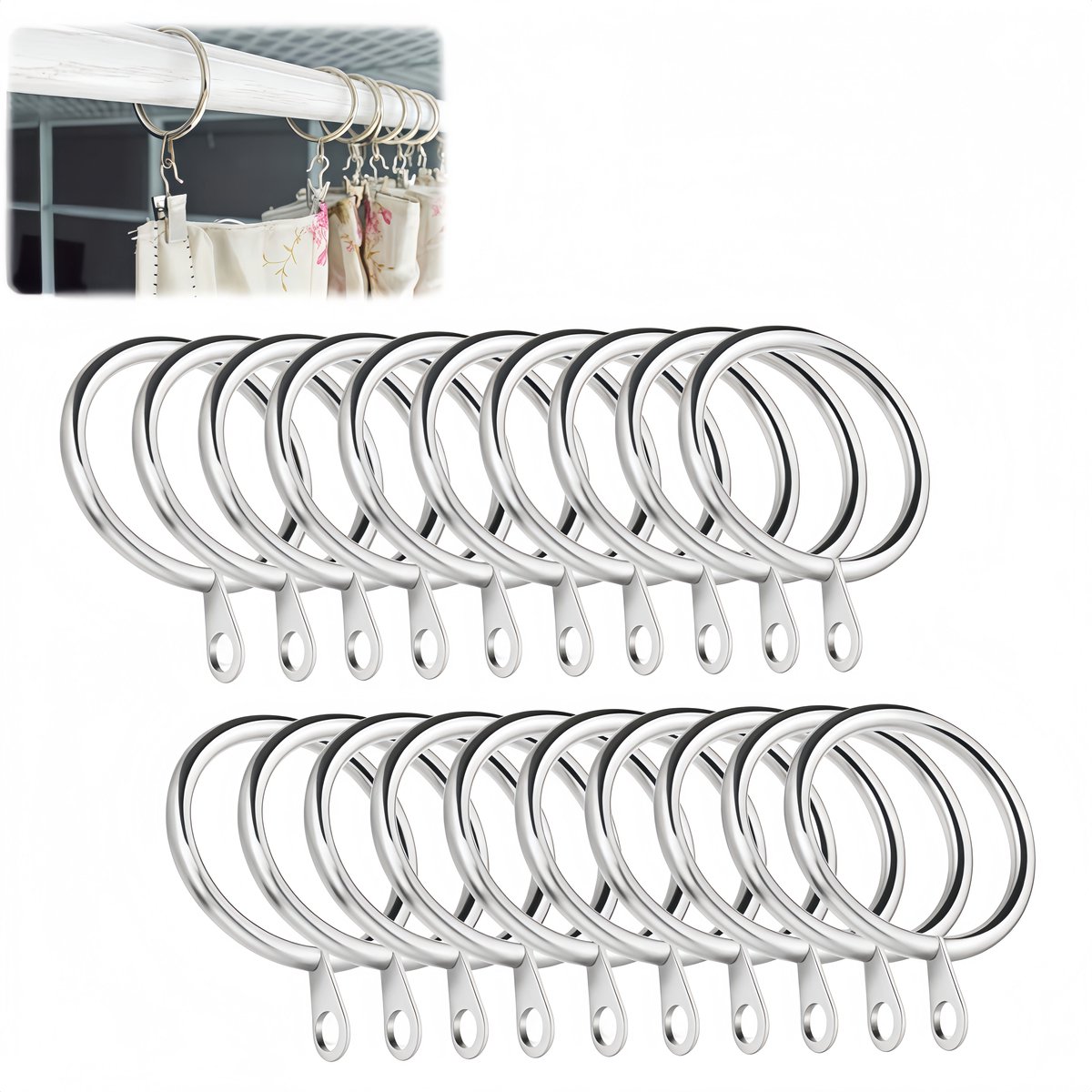 20 stuks - Gordijnringen - Stil - Schuifringen - Gordijnhaken en -ringen - Metalen gordijnringen - Binnendiameter 38 mm - Zilver - Voor slaapkamer, woonkamer, badkamer, kantoorgordijnen, zware gordijnen of lichte gordijnen.