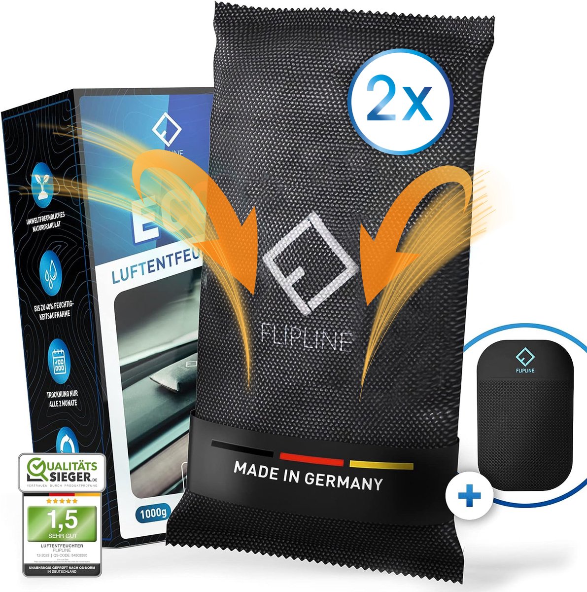 FLIPLINE Eco Luchtontvochtiger Auto 2-pack 0.5kg [Made in Germany] +ANTI-ROUGH PAD Herbruikbare Auto-Ontvochtiger - Tegen Beslagen Autoruiten - Vochtigheidskussen van Natuurlijke Korrels