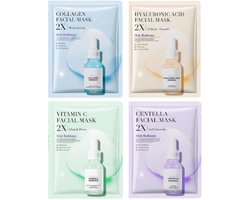 Koreaanse Gezichtsmasker Set van 4 - Collagen, Hyaluronic Acid, Vitamin C & Centella | Jorun Hydraterende Gezichtsmaskers - Made in Korea - Alcoholvrij