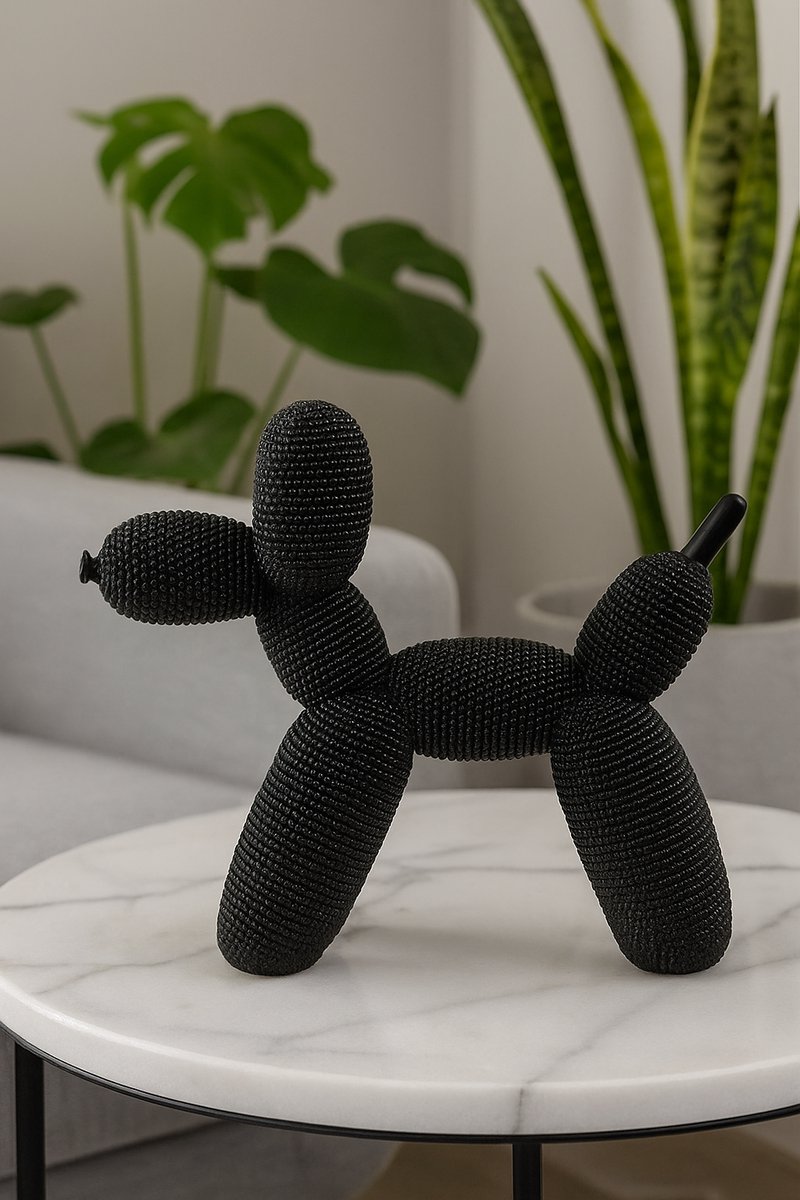Luxe Decoratiebeeld Poedel Ballonhond – decoratie hond - Zwart Glitter – 17,5 cm – Modern Design