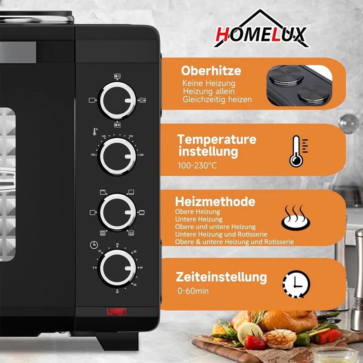 48L mini oven met kookplaten, draaispit, convectie, 3600W, pizzaoven, grill en ovenfunctie