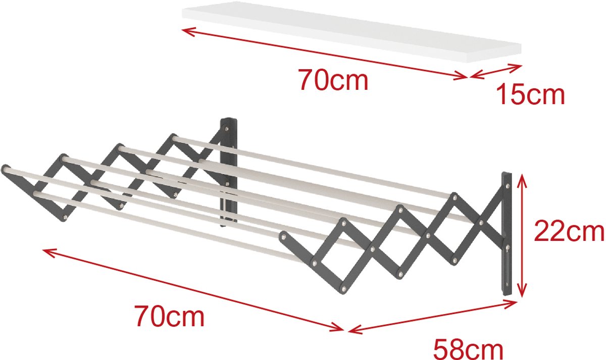 Akkoordéon Wanddroogrek – Uittrekbaar Wasrek – 70 cm – Antraciet – Ruimtebesparend