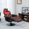 Zwart-rode gamestoel met gestrekte voetenbank, in woonkamer bij tv. Met hoofdkussen en lendensteun.