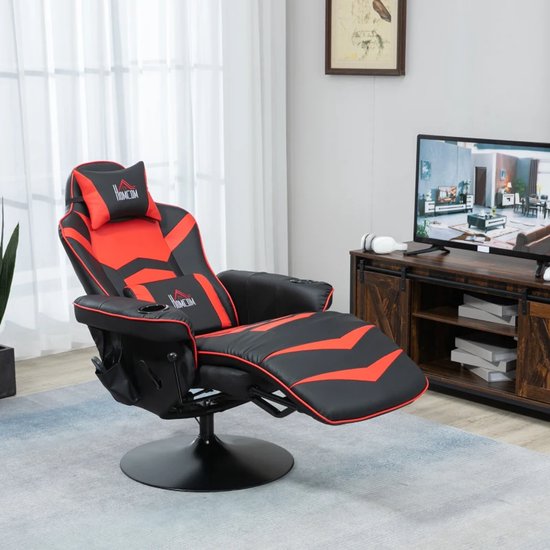 Zwart-rode gamestoel met gestrekte voetenbank, in woonkamer bij tv. Met hoofdkussen en lendensteun.