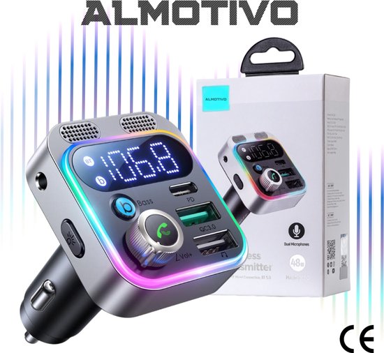 bluetooth transmitter - Bluetooth 5.3 Auto – Dual Microfoon – USB-C + USB QC & PD Snel Lader – Handsfree Carkit + AUX/SD – Voor iPhone & Android
