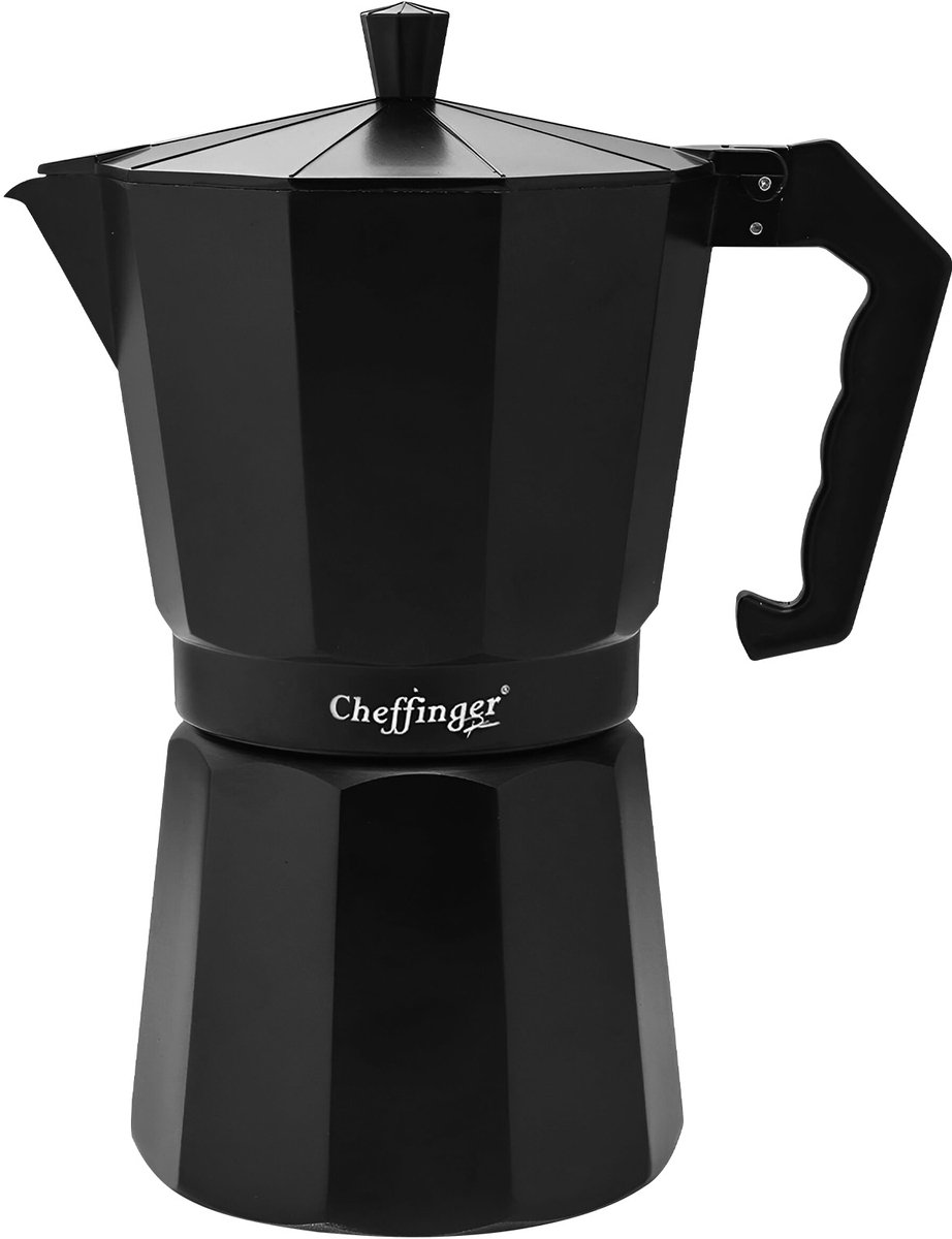 Cheffinger, Cafetière Italienne 560ml 12 Tasses en Aluminium avec Poignée Ergonomique, Zwart