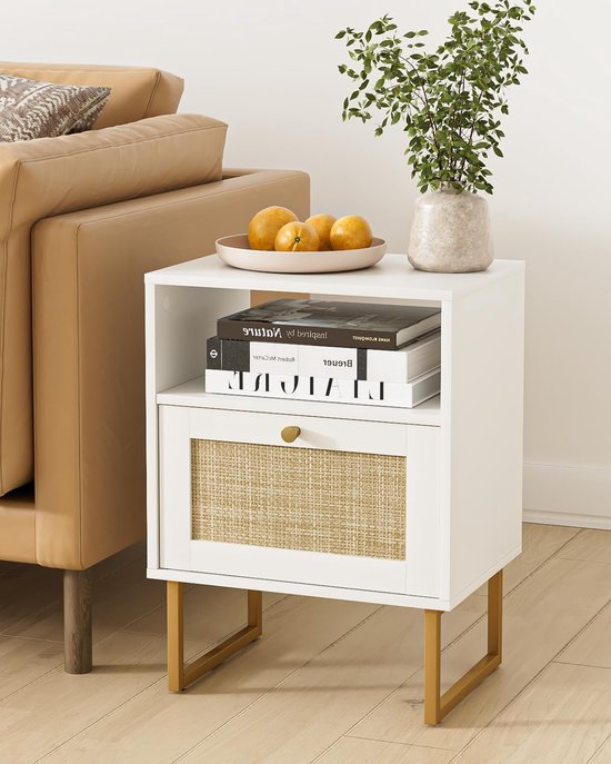 HEYZOEY Boho nachtkastje, kleine rotan bijzettafel met lade en wit eiken rek voor slaapkamer, woonkamer, kantoor (zwart frame