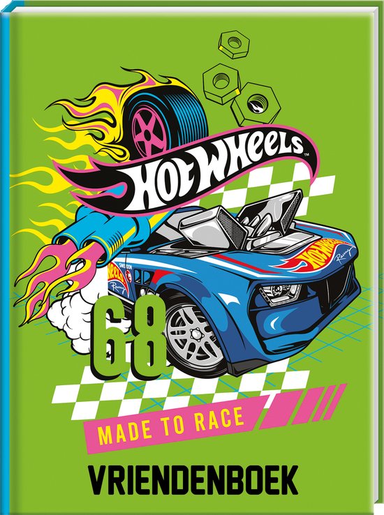 Groen vriendenboek met een blauwe Hot Wheels raceauto, "68 MADE TO RACE" en vlammen.