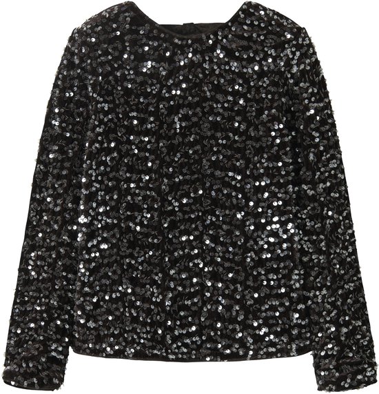 Bruine blouse met lange mouwen, volledig bedekt met glanzende pailletten.