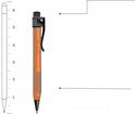 Oranje pen met zwarte clip, naast een maateenheid van 1 tot 6. Tekst 'Rite in the Rain' zichtbaar.