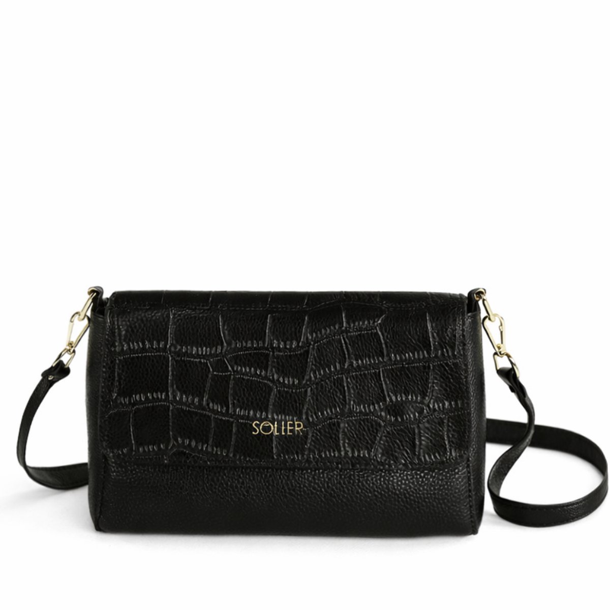 Solier FL61 LIVIENNE crossbodytas dames – leren schoudertas met klep, dierenreliëf en rits – zwart