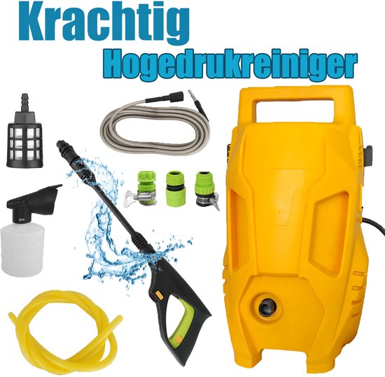 Hogedrukreiniger (1500W, set voor huis en auto inbegrepen, max. debiet: 350 l/u, in kartonnen doos), waterfilter, hogedruk-flexibele slang, vuilblaster, spuitlans
