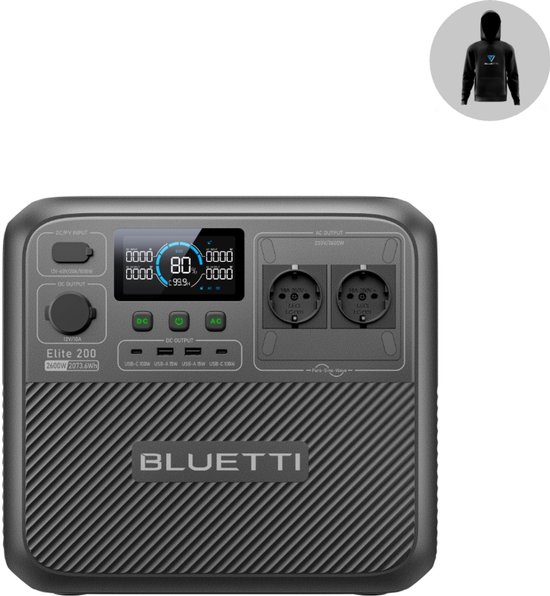 BLUETTI Elite 200 V2 draagbaar energiestation (2025 nieuw)-2073,6 Wh LFP-accu met 2 stopcontacten 2600 W (3900 W powerlifting)-Zonnegenerator- Bereikt 80% lading in slechts 1.1 uur. Levensduur van 17 jaar. Voor kamperen,reizen, Stroomuitval, Camper