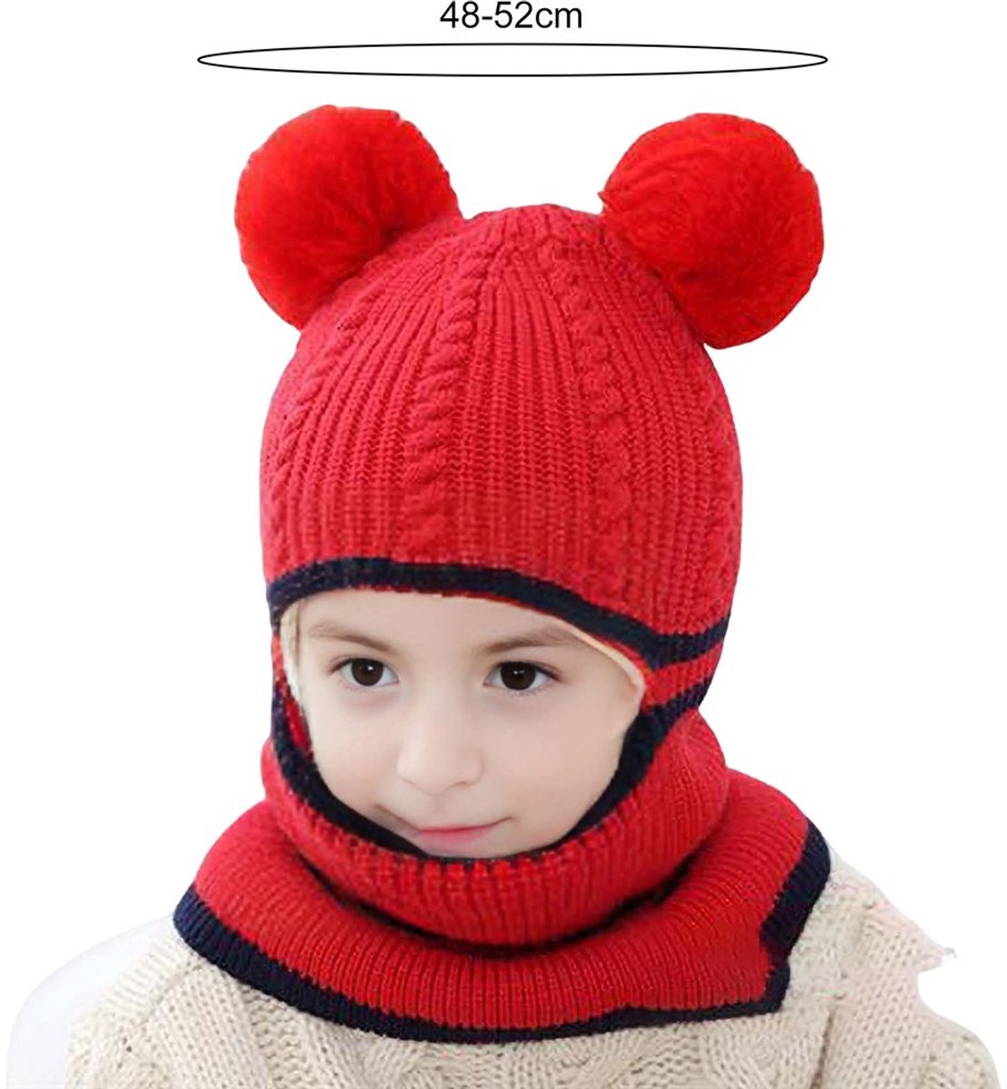 Muts - Kindermuts - Winter Muts - Gebreide wintermuts - Sjaalset - Muts 3-in-1 - Warme mutsen voor jongens en meisjes van 3 tot 6 jaar - Sjaal met schuifkap - Gebreide muts met pompon - Rood — cadeau in Mode & Accessoires - foto 2