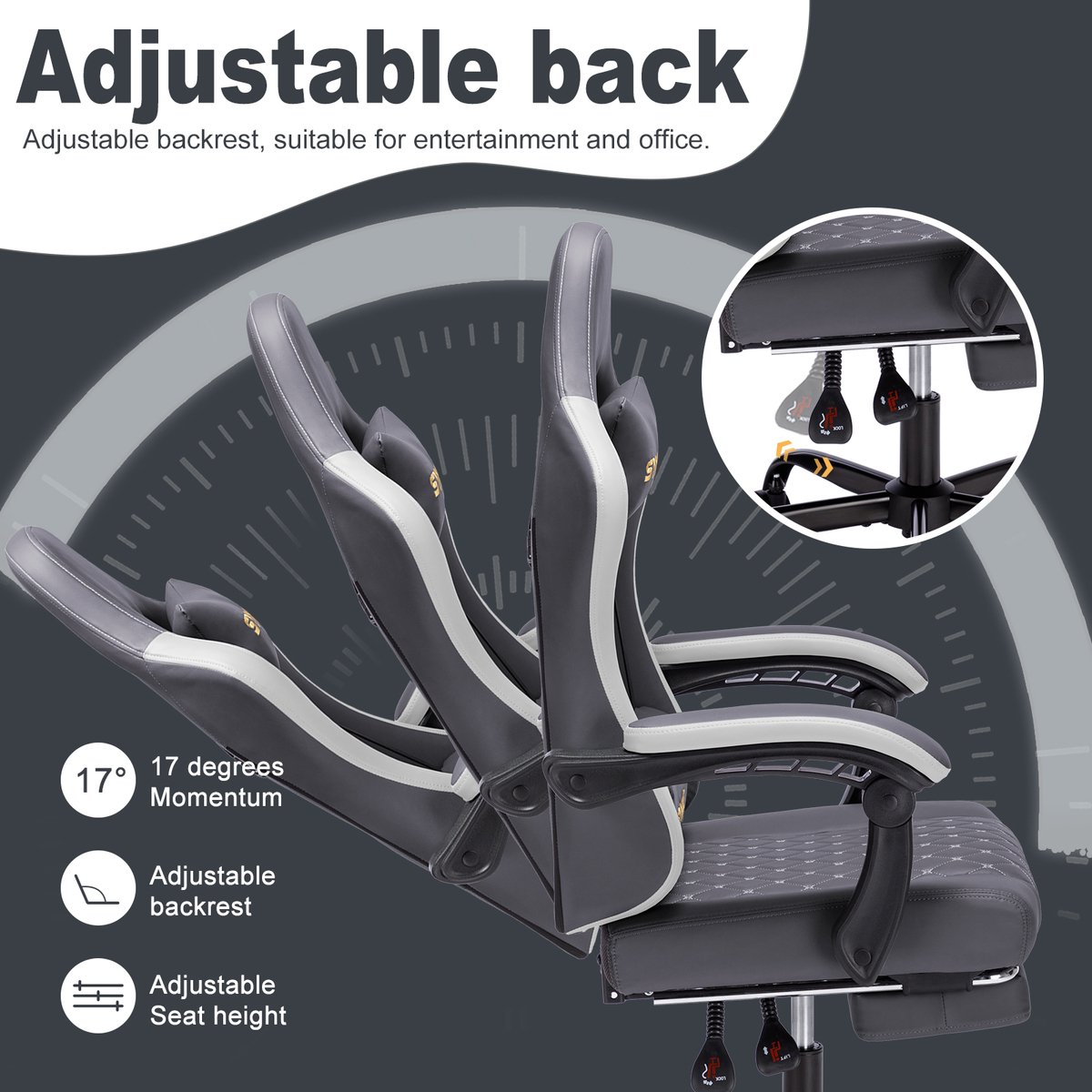 Symino FZ Gaming Stoel met Voetsteun - Ergonomisch - Grijs - afbeelding 2