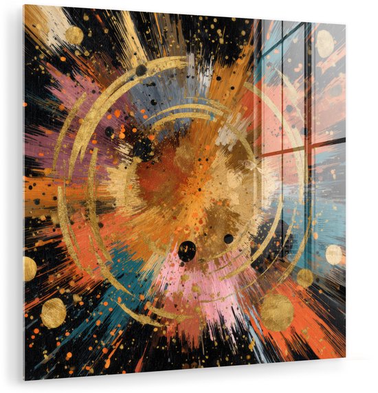 MuchoWow® Tableau en verre 90x90 cm - Tableau acrylique - Explosion - Texture de peinture - Or - Abstrait - Photo sur verre - Décoration murale salon - Décoration murale chambre - Tableaux
