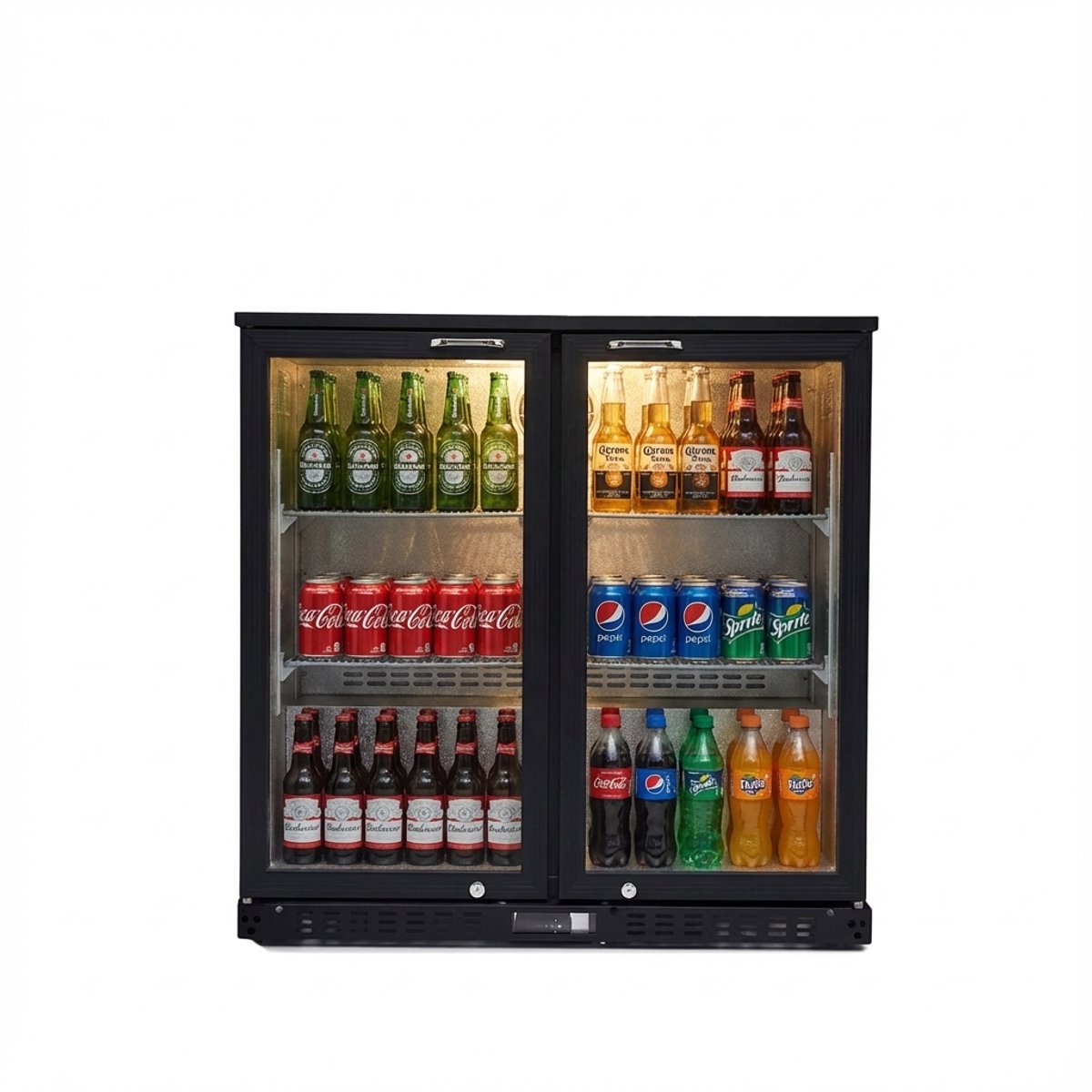 HCB® - Professionele Horeca Barkoelkast - Zuinige glasdeur koelkast met 2 klapdeuren - 218 liter - Koeling met glazen deur - Flessenkoelkast - Drankenkoelkast klein - Bier koelkast - 52x90x84 cm (DxBxH) - 70 kg - Frigo - 7939
