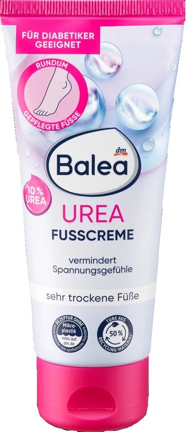 Balea Urea voetencrème tube met 10% ureum, voor zeer droge voeten, geschikt voor diabetici.