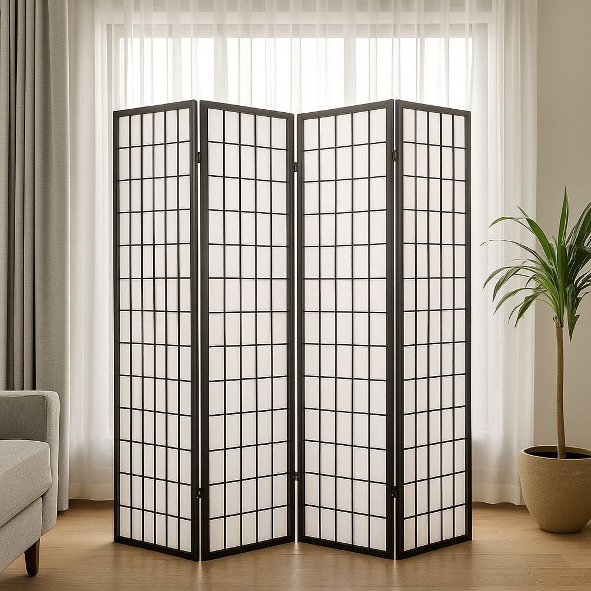 Japans Kamerscherm Zwart Shoji 4 panelen