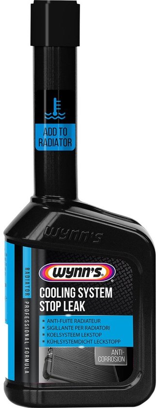 Zwarte fles Wynn's koelsysteem stoplek met blauw label 'ADD TO RADIATOR' en temperatuuricoon. Professionele formule.