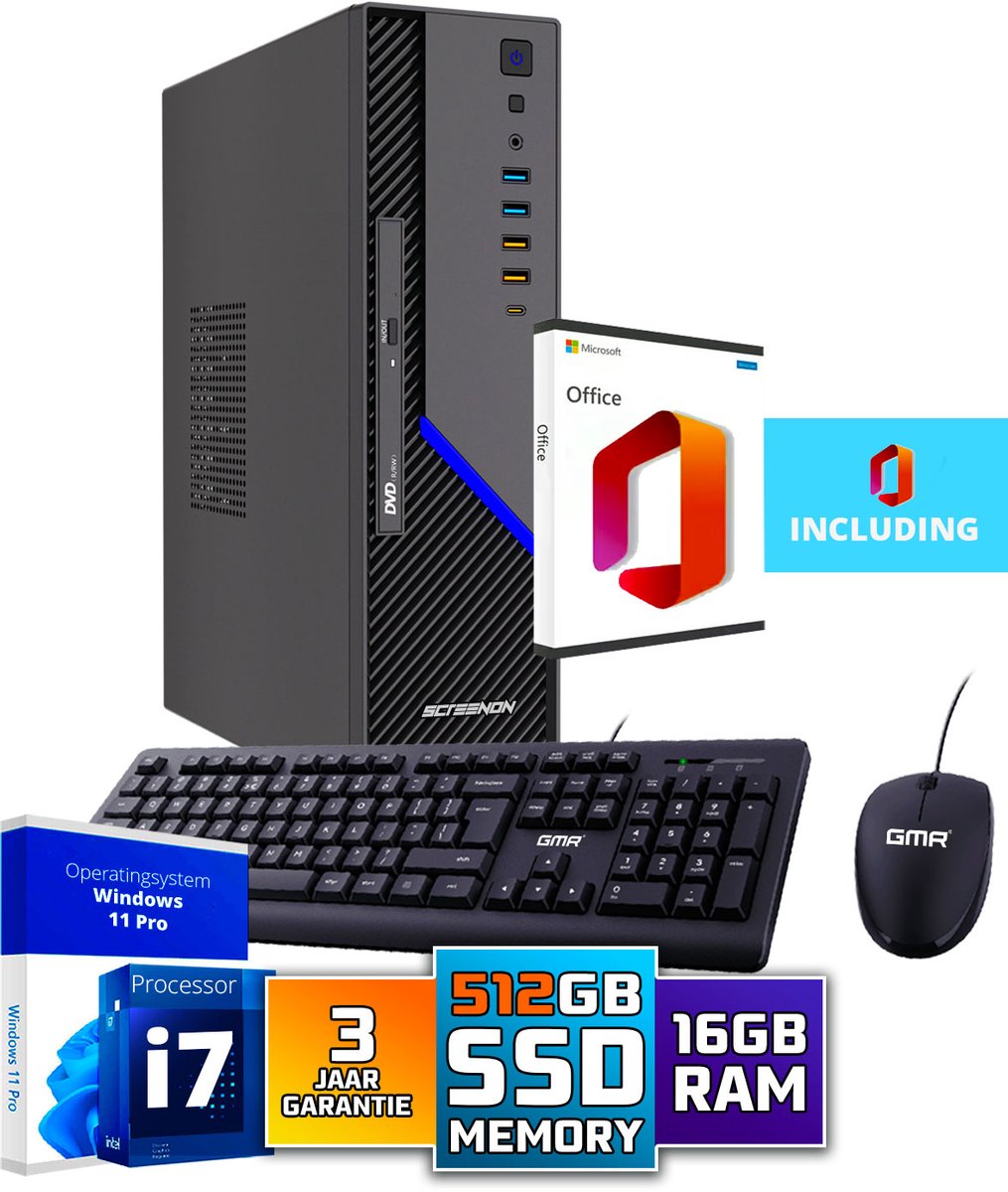 ScreenON Ultra SFF i7 Office PC - Business Office Computer | 16 GB RAM | 512GB SSD M.2 | DVD±RW | Windows 11 Pro | WiFi-Bluetooth | Inclusief Muis & Toetsenbord & Microsoft Office