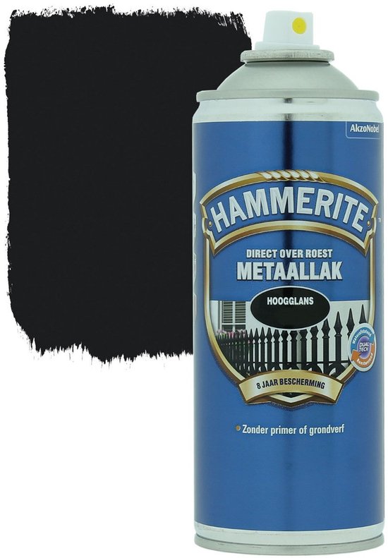 Hammerite Metaallak Hoogglans Zwart spuitbus met zwart verfveeg, blauw label en afbeelding van een hek. 8 jaar bescherming.