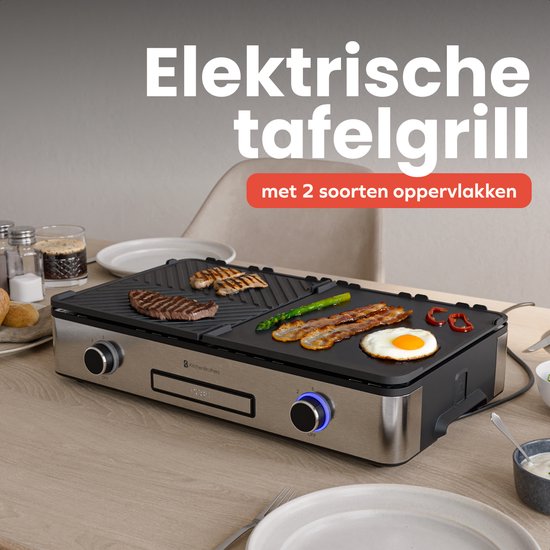 KitchenBrothers Elektrische Grillplaat - Bakplaat met Temperatuurregeling - Plancha - Gourmet - Tafelgrill - 2400W - 30,5x52 cm - RVS/Zwart — afbeelding 2
