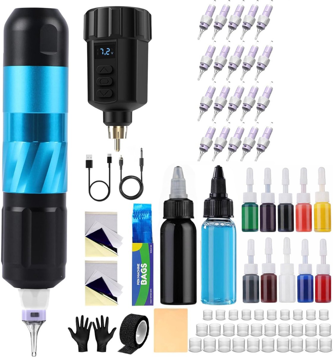 Tattoo Machine met Accessoires - Tattoo kit Draadloos - Complete Set - Zwart en Blauw