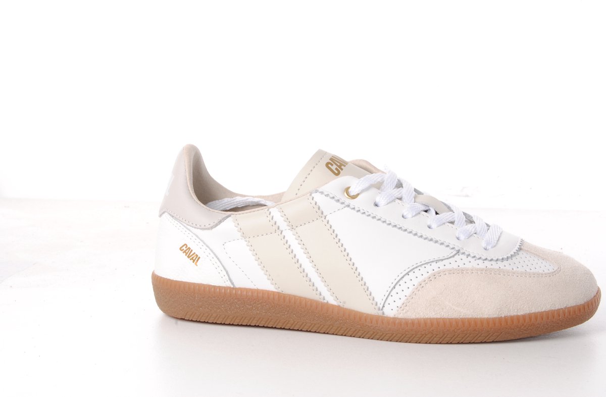 dames sneaker Caval asymmetrisch wit en beige leder
