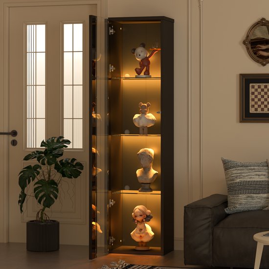OKWISH Vitrine – Glasvitrine Multifunctioneel – 4 Niveaus – 2 Deuren – Met Kleuren-LED, Afstandsbediening en App – 40x29x170 cm – Spaanplaat – Zwart