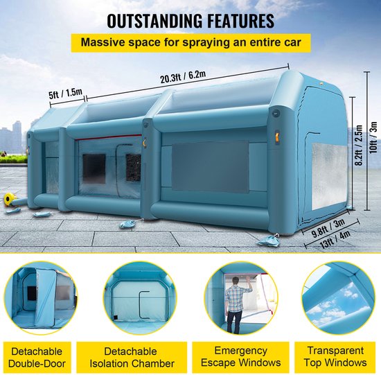 Opblaasbare Spuitcabine Blauw Werktent 8x4x3m Gemaakt van 210D Oxford-stof en PVC met Luchtpomp en Ventilatiesysteem voor Autospuitwerk, Buitenactiviteiten, enz. — afbeelding 4
