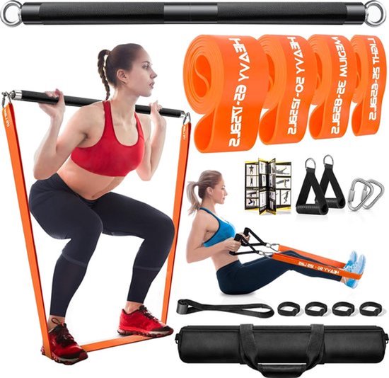 Fitness Apparaten Set voor Thuis – Krachttraining met Afneembare Trainingsbar – 4 Weerstandsbanden – Complete Home Gym Set