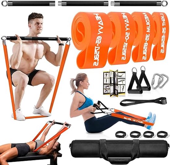 Fitness Apparaten Set voor Thuis – Krachttraining met Afneembare Trainingsbar – 4 Weerstandsbanden – Complete Home Gym Set