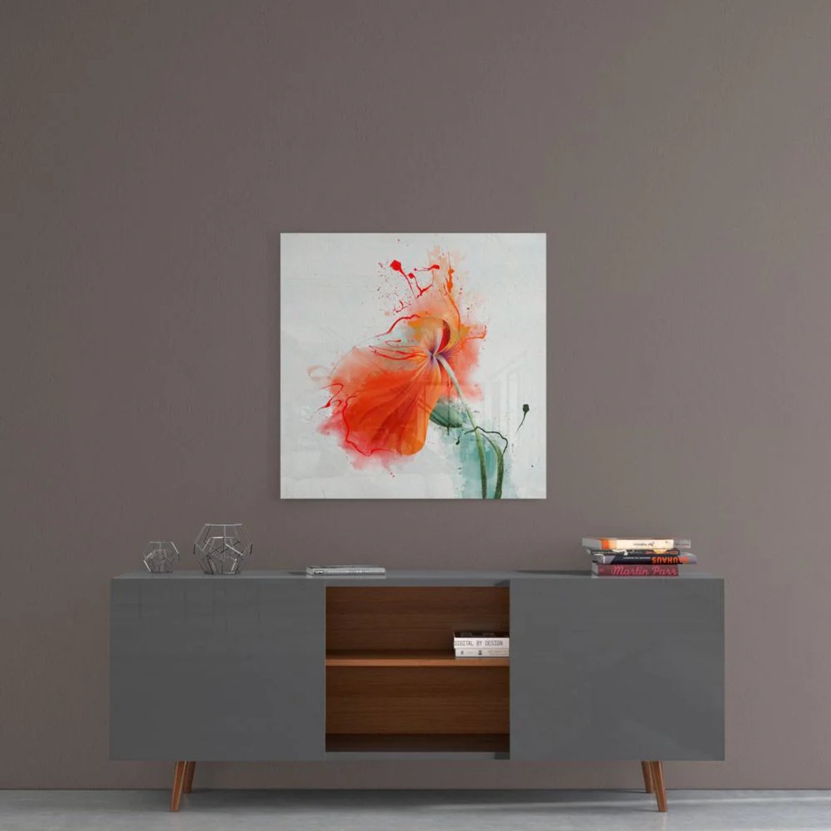 Glasschilderij Vierkant – Oranje Bloem – Artistieke Wanddecoratie – 80×80 cm