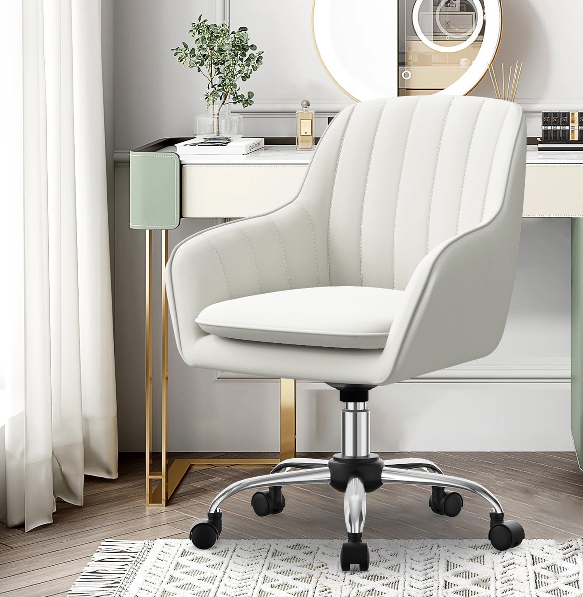 Hiaonyx Bureaustoel-Ergonomische bureaustoel-bureaustoelen voor volwassenen-Dubbel gelaagd zitkussen-360 graden draaibaar-Metalen onderstel-Wit thumbnail 5